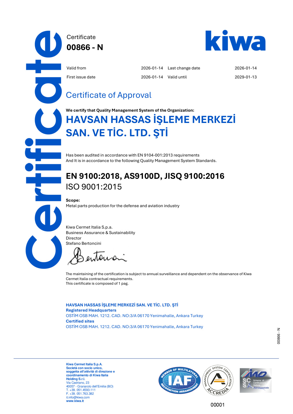AS9100D Havacılık Kalite Yönetim Sistemi Sertifikası