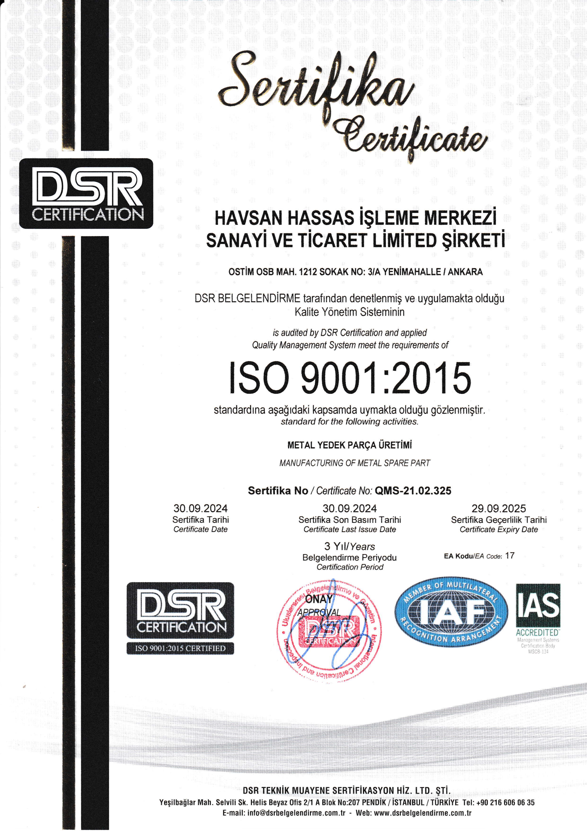 ISO 9001 Sertifikası