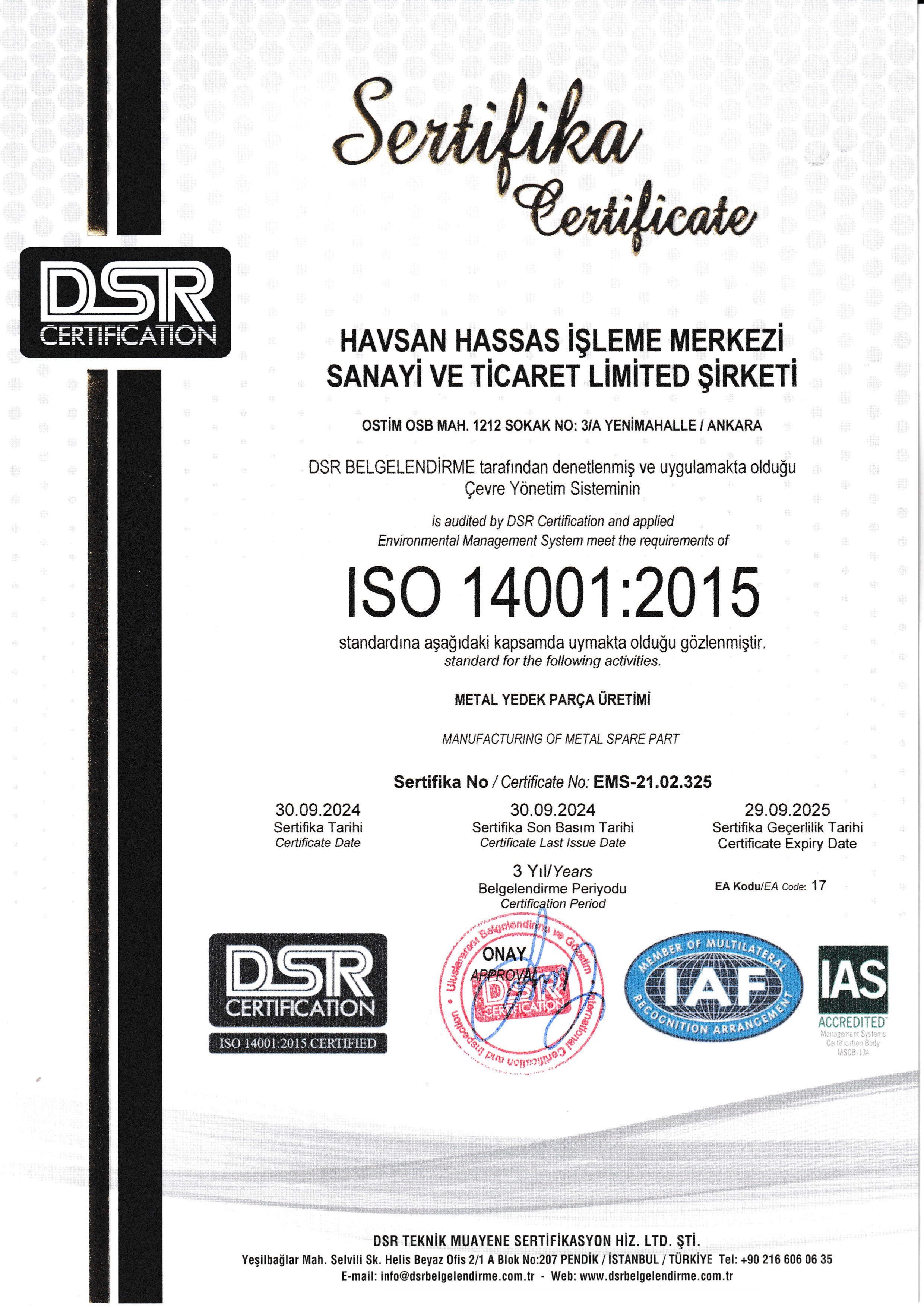 ISO 14001 Sertifikası